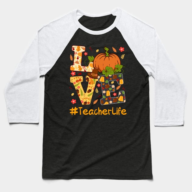 Thankful Teacher Retro Groovy Thanksgiving Fall Women Men Baseball T-Shirt by KRMOSH